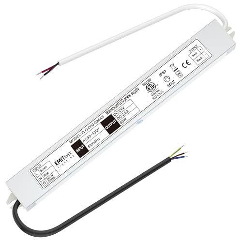 EMITEVER 24Volt LED Driver 60Watts, ETL Listed Waterproof IP67 Power Supply Low Voltage Transformer 120V AC to 24V DC Converter for LED Strip, Cabinet Tape Lights,LED Display and Outdoor Lighting…