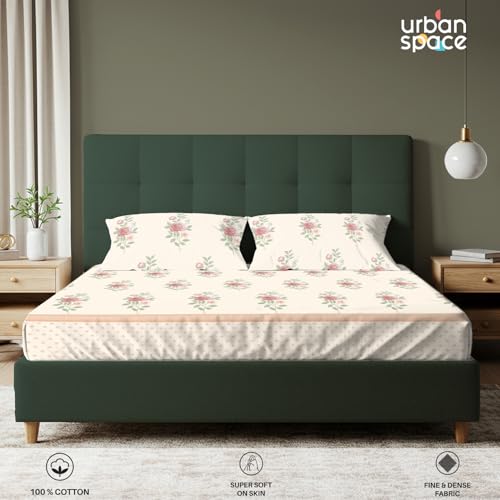 Image of Urban Space Serene 100% Cotton Bedsheet for Single Bed, 200 TC Floral Single Bedsheet with 1 Pillow Cover (58 X 90 Inches, Vintage Rose Buttercream)