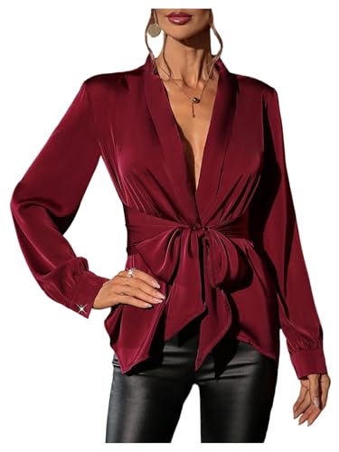SweatyRocks Women's Deep V Neck Satin Blouses Long Sleeve Tie Waist Asymmetrical Wrap Shirt Tops Burgundy Large