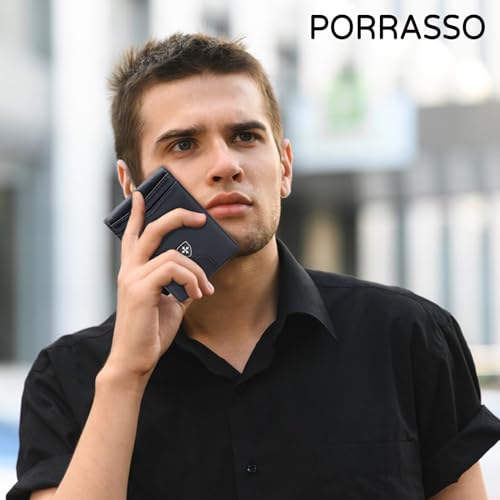 PORRASSO Men Wallets RFID Blocking Slim Wallet Bifold Card Holder PU Wallet with 7 Card Slots Strong Money Clip Black2