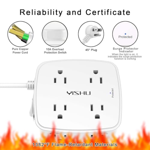 Image of YISHU 6 Ft Surge Protector Power Strip - 8 Widely Outlets with 4 USB Ports, 3 Side Outlet Extender with 6 Feet Extension Cord, Flat Plug, Wall Mount, Desk USB Charging Station, ETL, White