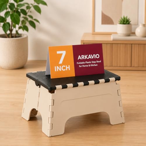 Image of 7 Inches Foldable Plastic Step Stool for Home & Kitchen, Portable Non-Slip Folding Stool, Heavy Duty Multipurpose Foot Rest for Bathroom, Office & Outdoor Use (Black-Ivory)