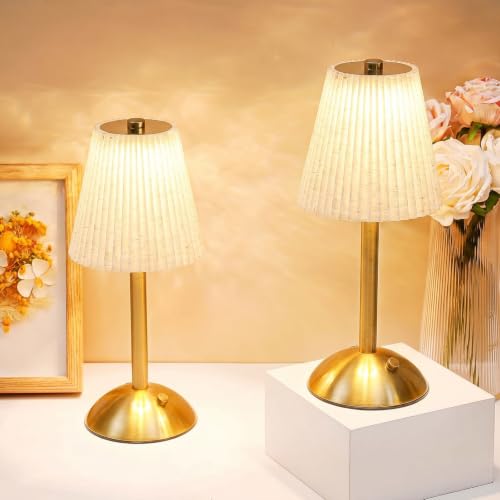 Image of Liliful 2 Pcs Cordless Table Lamp Rechargeable Touch LED Small Gold Portable Battery Operated USB-c Desk Lamp 3 Color Dimmable for Bedroom Living Room Dining (Gold,Beige Cloth Style)