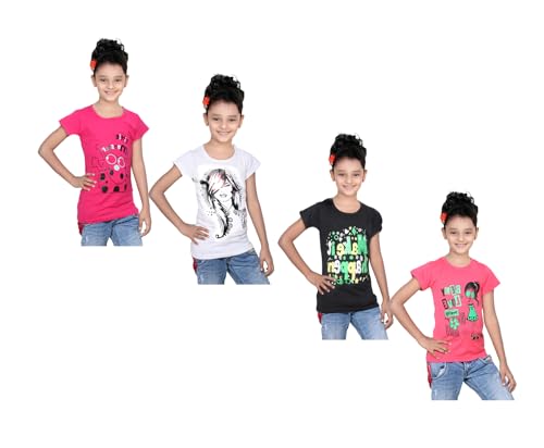 Image of indi weaves Girls Pure Cotton Chest Printed Half Sleeves Round Neck T-Shirts (Pack of 4)