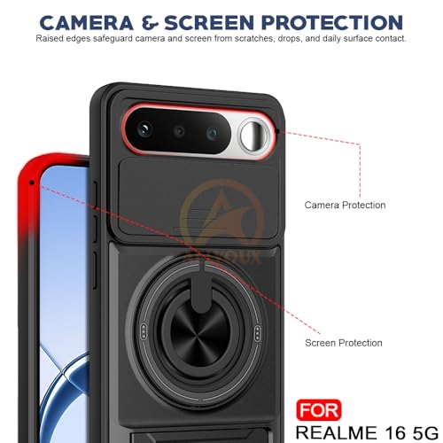 Image of Realme 16 5G Back Cover | Armor Camera Slider 360 Degree Rotating Finger Ring Holder Case with Bracket Stand Back Case Cover (Compatible with MagSafe Accessories) (Black)