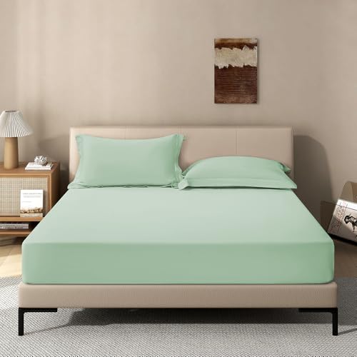 Image of Light Sage Green Fitted Sheet,Twin Size Fitted Sheet with Deep Pocket 18 inch,Ultra Soft & Breathable FittedSheet Easily Fits 18 inch to 24 inch Mattress