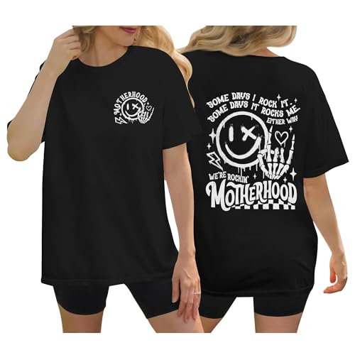 Momhood Some Days I Rock It Shirt - Overstimulated Moms Club Shirts - Skeleton Hand It Rocks Me Apparel - Gift for Mom On Mother's Day (Black - L)