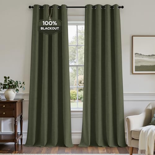 Image of HOMEIDEAS 100% Blackout Olive Green Linen Curtains 52W x 96L 2 Panels