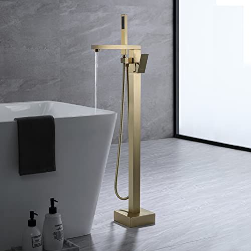 Grifería de Bañera Independiente Taplong con Ducha de Mano Acabado Oro Cepillado | Llave de Piso para Bañera Flujo Alto para Baño de Lujo-51001BG miniatura 5