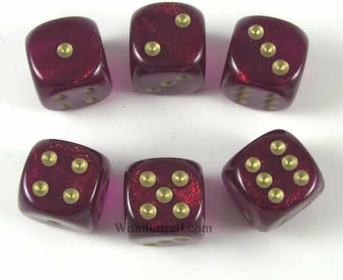 Wondertrail Magenta Borealis with Gold Pips 16mm D6 Dice Set of 6 WCX27624E6