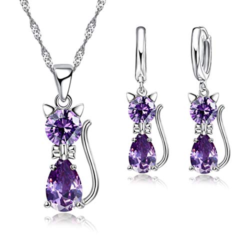Collier et boucles d'oreilles chat argent 925 parure bijoux - 2