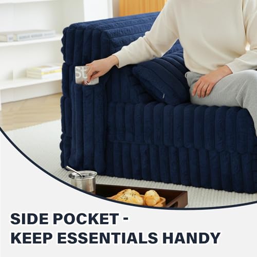 Image of Tiita Folding Sofa Bed Convertible Sleeper Chair Mattress with Pillow & Side Pocket, Thick Corduroy Floor Mattress Couch Bed, Single Size, Navy