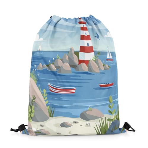 Erosebridal Tower Drawstring Backpack 13x15.7, Stones Boats Seaside Drawstring Bags For Sport Gym, Seagull Birds Foldable Draw String Back Bag, Red Blue Leaves Printed Clouds String Backpack2