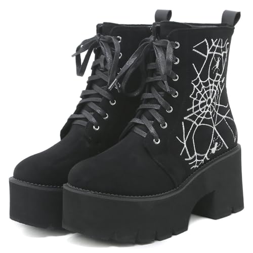 Image of Parisuit Womens Goth Patent Ankle Boots Platform Chunky Combat Boots | Lace Up, Gothic Boots, High Heel, Punk Short Booties, Buckle Boots, Chain Boots
