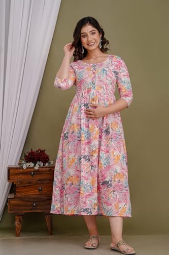 Image of Maternity Feeding Kurti for Women | Cotton Blend Anarkali Dress with Nursing Zip for Pre & Post Pregnancy