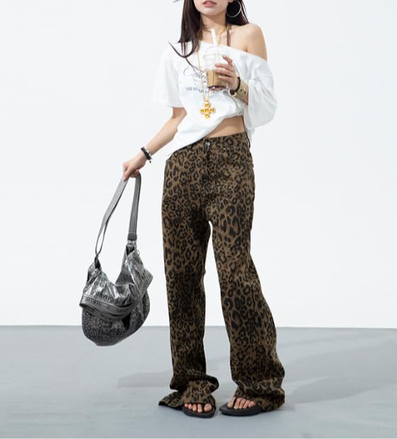 POHADON Women Leopard Print Pants Vintage Baggy Wide Leg Y2k Jeans Cheetah Denim Pants Vintage Trendy Y2k Streetwear4