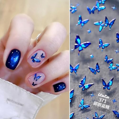 Image of Butterfly Nail Stickers Blue Nail Decals for Nails Art with Glitter Design Shiny Nail Art Stickers 5D Embossed Self Sdhesive for Women Girls Nails Decoration Accessories Supply