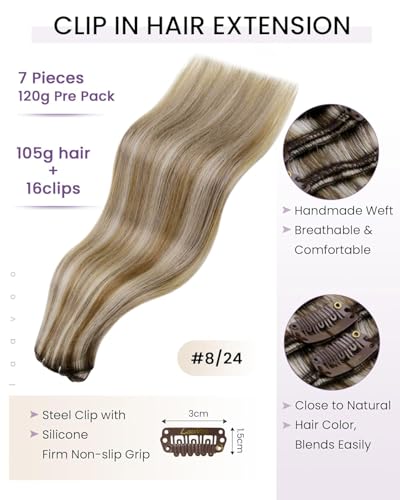 Image of LaaVoo Clip On Extensions Human Hair, For Natural Look, 18 Inch | Light Brown Blonde Highlights, 120g 7pcs, Clip In Hair Extensions Real Human Hair, Soft, Thick Full