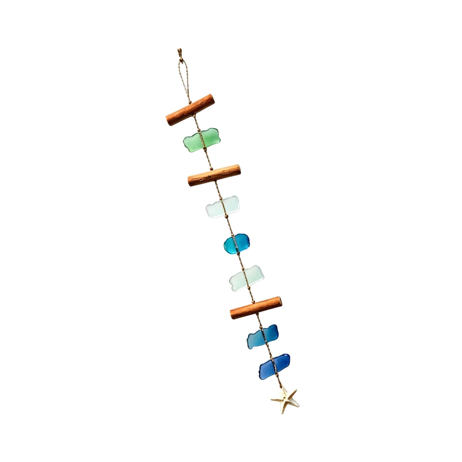 Seashells Sea Glass Wall Hanging Decors Farmhouses Wind Chimes Coastal Wall Art Ornament with Driftwood Starfishes Coastal Decors Wind Chimes