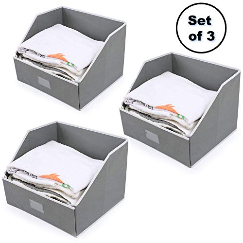 Woffit Linen Closet Storage Organizers – Set of 3 X Large Foldable Baskets to Organize Your Sheets, Towels, Washclothes, Blankets, Clothing, Sweaters, Etc – 100% Organic Fabric Bins