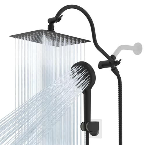 Hibbent All Metal High Pressure Rainfall 10 Inch Shower Head/Handheld Showerhead Combo/ 12 Inch Adjustable Curved Shower Extension Arm, 10-Spray, 71-inch Hose, Adhesive Showerhead Holder, Matte Black