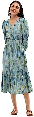 AASK Women Abstract Print Puff Sleeve Blouson Midi Dress Light Blue