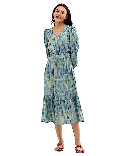 AASK Abstract Printed Puff Sleeve Gathered Detailed Fit Flare Dre...