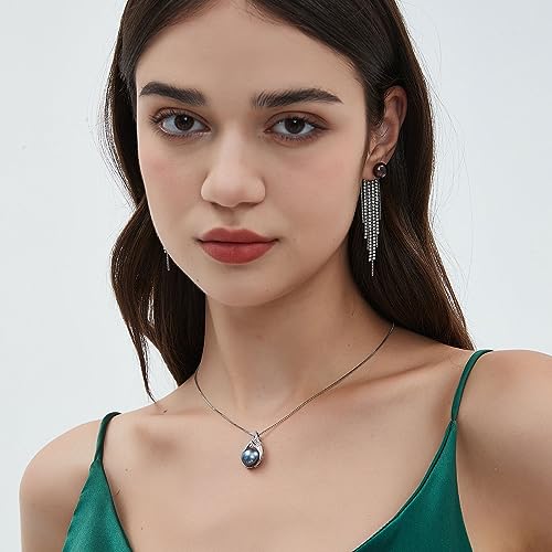 Black/White/Gold/Grey Pearl Necklace for Women, Sterling Silver Pendant Necklace, Handpicked Genuine Saltwater Cultured Pearls, Womens Chain 18+2 Inch Adjustable, Jewelry Gifts for Mother Wife4