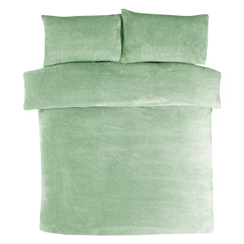 Teddy Fleece Duvet Sets – Super Soft Warm Quilt Cozy Fluffy Bedding Fleece with Pillow Cover Bed Size Single Double King Super King Home linen Accessories Bedding Set (Sage green, King)