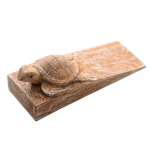 NOVICA Handmade Wood Baby Turtle Door Stopper, Brown and White, 'Distressed Baby Turtle'