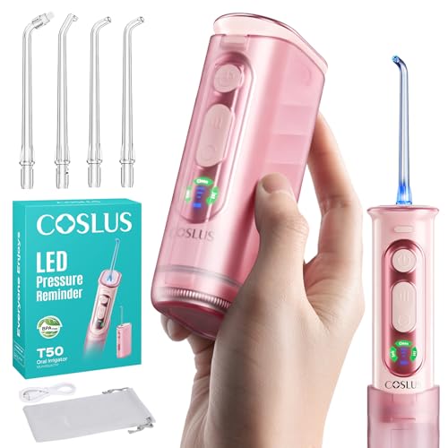 COSLUS T50 Portable Water Flosser for Travel: Mini Cordless Dental Pick with Screen Display & Pressure Indicator Light 240ml 9-Level for Braces Gum Care Rechargeable On-the-Go IPX7 Pink