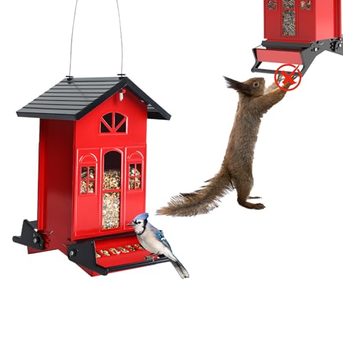 Birdkiss Bird Feeder Squirrel-Proof Outside: Country House Series for Hanging - Metal - 5LBs Seed - Weight-Activated for Outdoors - Large Capacity and Red