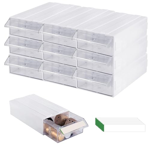 Voittozege 9 Pcs Drawer Stacking Storage Cabinet, with 18 Pcs Clear Dividers Organizer Rack & 9 Pcs Tag Card, Plastic Stacking Storage-in-Drawer Cabinet for Home Office Small Items