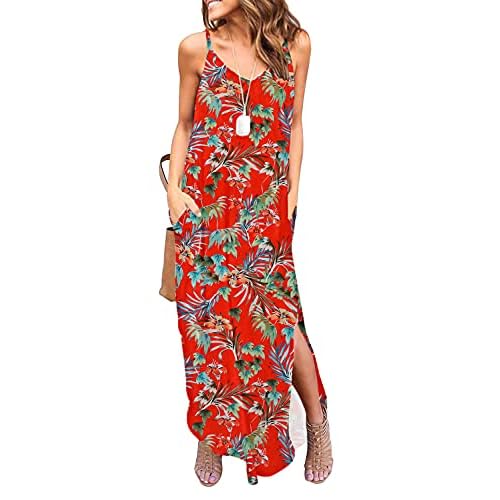 HUSKARY Women's Summer Casual Sleeveless V Neck Strappy Split Loose Dress Beach Cover Up Long Cami Maxi Dresses with Pocket X-Large Red Leaves