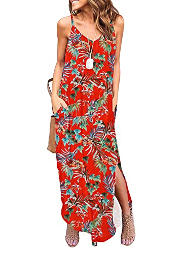 Image of HUSKARY Women's Summer Casual Sleeveless V Neck Strappy Split Loose Dress Beach Cover Up Long Cami Maxi Dresses with Pocket