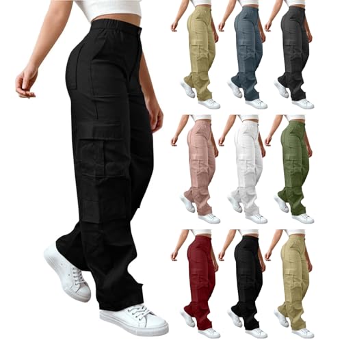Cargo Pants Women Elastic High Waisted Pants Wide Leg Baggy Casual Trousers Hiking Streetwear Outfits with Pockets