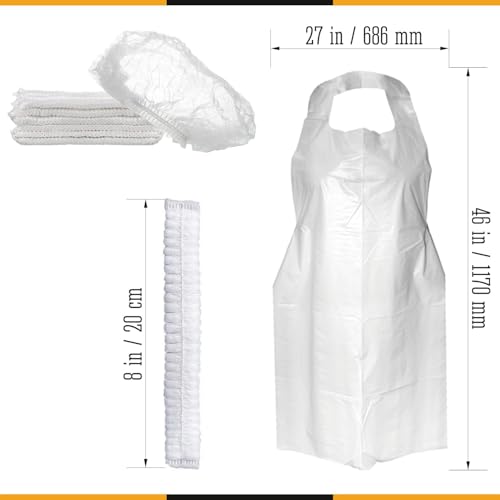 KIBERTIC - 200pcs Delantales Desechables Impermeables y gorros de Plastico 100% Reciclable – Color Blanco | Uso en Veterinarias, Peluquerías, Pintura, Cocina, Limpieza, Clínicas