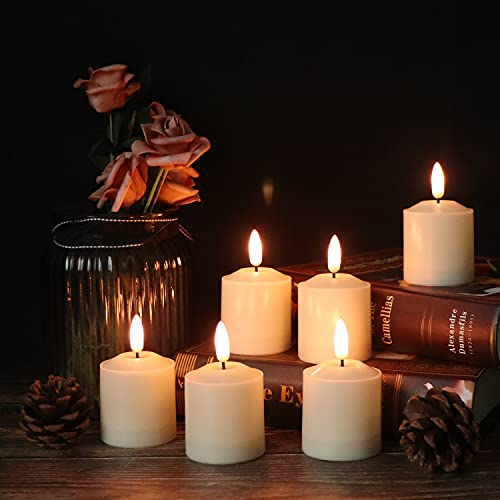 Image of GenSwin Flameless Waterproof Pillar Candles Flickering with Remote & Timer, Battery Operated LED Votive 3D Wick Candles for Indoor Outdoor Lanterns 6 Pack Ivory(Battery Include, 2 x 3.2 Inch)
