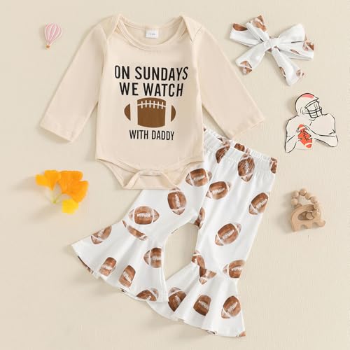 Seyurigaoka Newborn Baby Girl Football Outfit On Sundays We Watch Football with Daddy Romper Bell Bottoms Game Day Clothes2