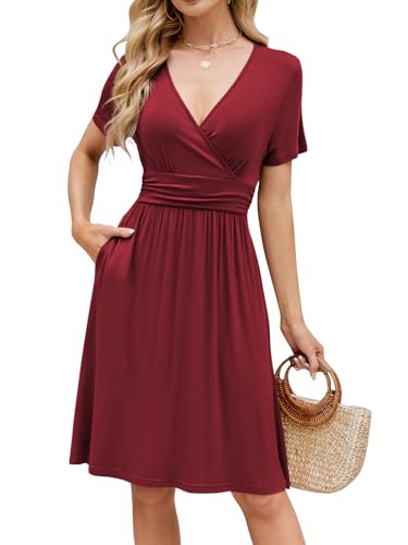 Image of Naggoo Womens Summer Dresses for Women 2026 Spring Floral Sundress Short Sleeve V Neck Wrap Dress with Pockets