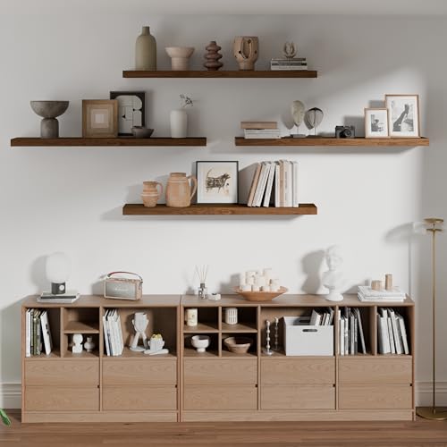 Image of ROGMARS 36 Inches Long Walnut Floating Shelves | Rustic Solid Wood Farmhouse Wall Shelves with Invisible Brackets for Bathroom, Living Room, Bedroom, Kitchen Set of 4