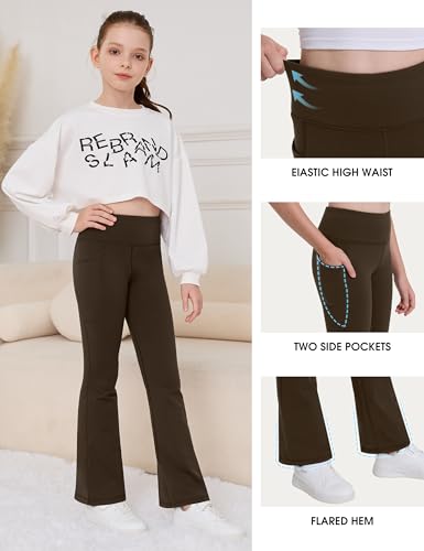 Desol 2 Pack Girls Fleece Lined Flare Leggings with Pockets High Waisted Yoga Pants Winter Bell Bottom Thermal3