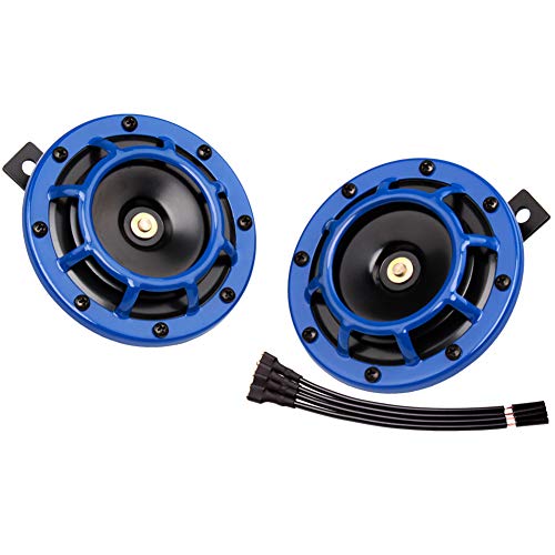 FARBIN Car Horn 12v Loud Super tone High Tone/Low Tone Metal Twin Horn Kit with Protective Grill (blue)