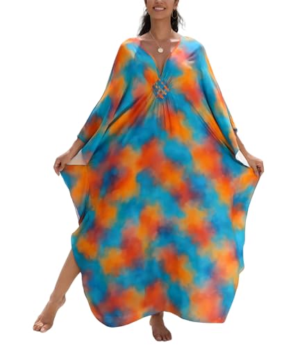 Image of IMAGEKOPE Women's Plus Size Animal Print V-Neck Batwing Kaftan Beach Dress Bathing Suit Cover-Up Loungewear