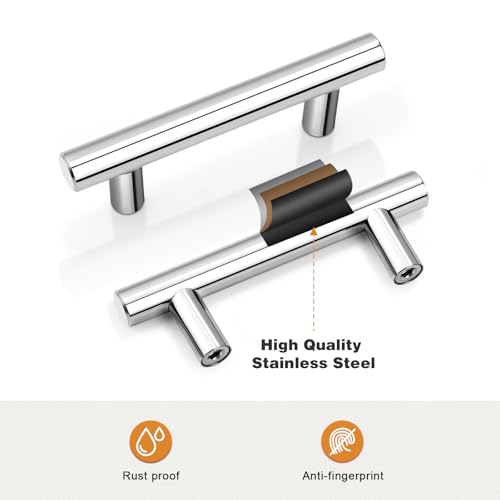 Image of Probrico 5Pack | 2-1 /2 inch Hole Centers Kitchen Cabinet Pulls Polished Chrome, Modern Euro Round T Bar Stainless Steel Cabinet Pulls, Chrome Handles for Cabinet and Drawers 4 inch Length