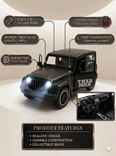Image of 1:32 Scale DieCast Metal Toy Car Pull Back Action Openable Doors 4x4 Thar /Jeep Premium Car Toy, with Light and Music, for Ages 3-10 Years (Black)