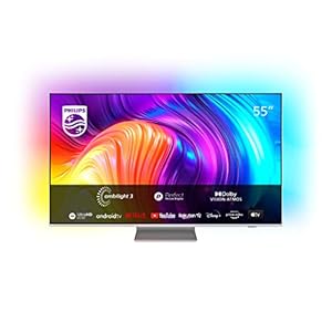Philips 55PUS8807/12 139 cm (55 Zoll) Fernseher (4K UHD, HDR10+, 120 Hz, Dolby Vision & Atmos, 3-seitiges Ambilight, Smart TV mit Google Assistant, Works with Alexa, Triple Tuner, hellsilber) [2022]