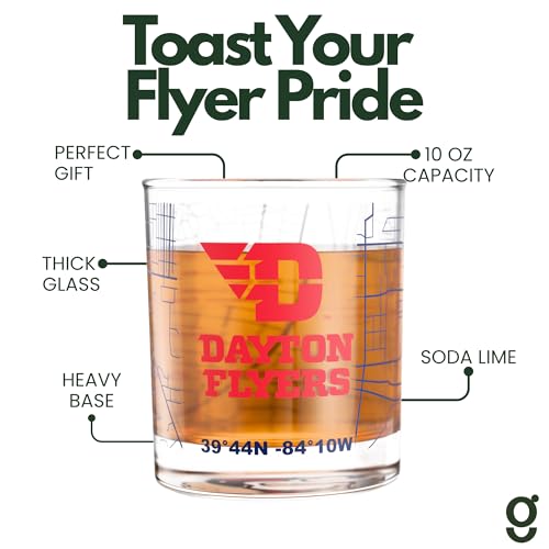 Image of Greenline Goods University of Dayton Flyers Whiskey Glasses Set of 2, 10 oz Rocks Glasses with Full-Color Logo & Campus Map - Officially Licensed Bourbon Glass Gift for Alumni & Fans