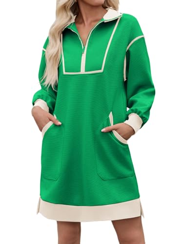 Image of Wenrine Womens Half Zip Sweatshirt Dress Fall V Neck Contrast Mini Dresses