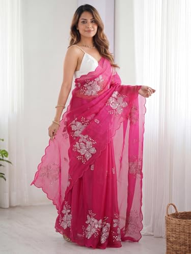 Image of AKHILAM Women's Shimmer Pure Georgette Embroidered Ready To Wear one Minute Saree With Unstitched Blouse Piece